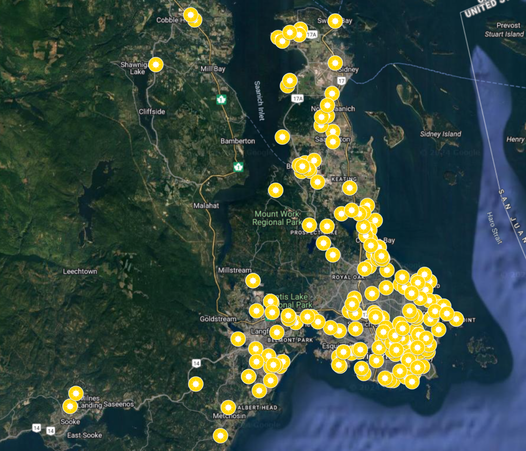 A map of lower Vancouver Island showing the different areas Besolar services.